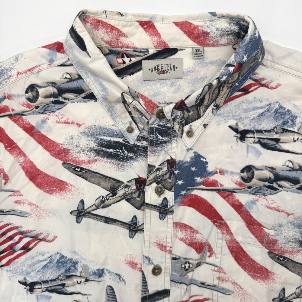 American Legacy Shirt Mens 3XL White Fighter Plane Flag Button Down Short Sleeve